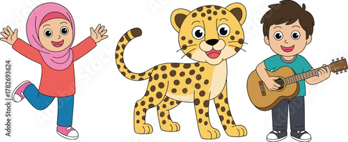 Cartoon girl in hijab, friendly leopard, boy playing guitar, multicultural kids, cheerful characters, educational illustration, diversity, fun, music, joy