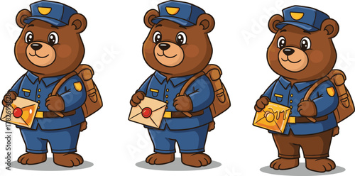 Cute cartoon bear postman holding envelope, animal mail carrier illustration in uniform, friendly delivery mascot character art