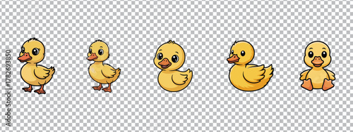A group of five cute, stylized yellow ducklings are depicted in various playful poses against a transparent background.
