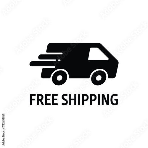 Black silhouette of a delivery van with speed lines and free shipping text