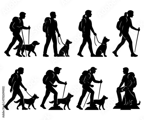 Set of 8 Hiking with Dog Silhouettes Outdoor Adventure Vector Collection
