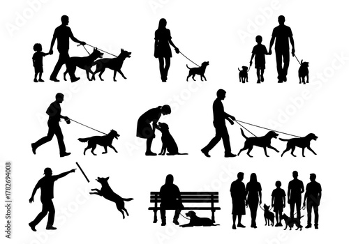 Silhouettes of people walking their dogs in various playful poses