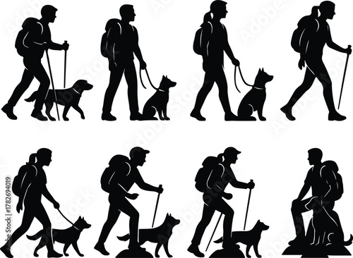 Set of 8 Hiking with Dog Silhouettes Outdoor Adventure Vector Collection