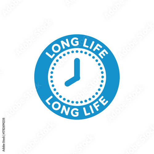 Round blue clock icon with long life text and simple hands indicating time