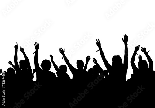 Silhouetted crowd with hands raised in a celebratory gesture