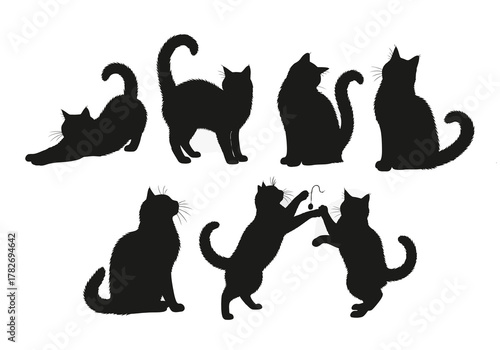 Silhouette collection of playful cats in various dynamic positions