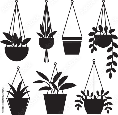 Hanging Planters Silhouette Round Pot Macrame Hanger Ceramic Pot Metal Bucket Bulb Planter Vine Pot Drip Tray Icon Set