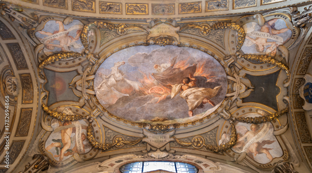 Fototapeta premium Florence - The baroque ceiling fresco Prophet Elias ascending into Heaven in the chariot of fire in the church Chiesa di Santa Maria Maggiore by unknown artist.