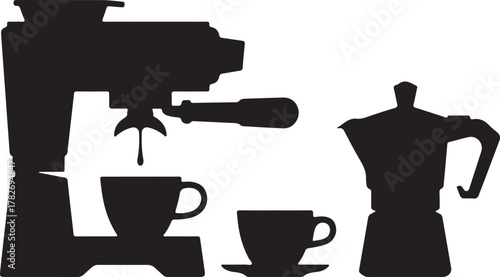 Home Coffee Setup Silhouette Espresso Machine Cup Milk Jug Spoon Icon Set