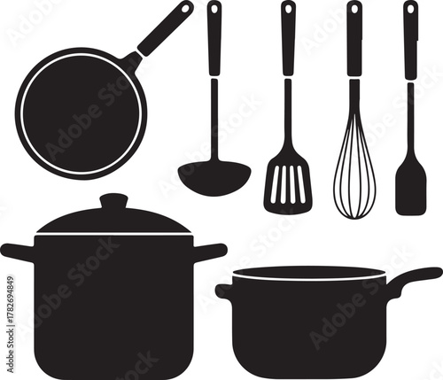 Home Cook Essentials Silhouette Pan Pot Ladle Spatula Whisk Kitchen Icon Set