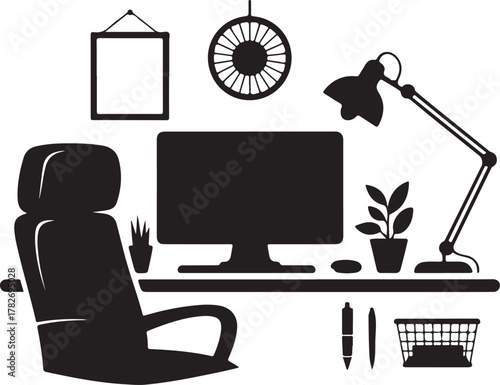 Home Office Setup Silhouette Monitor Chair Keyboard Plant Lamp Pen Notebook Icon Set