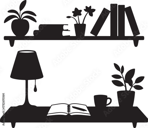Home Study Nook Silhouette Shelf Lamp Notebook Pen Cup Books Icon Set