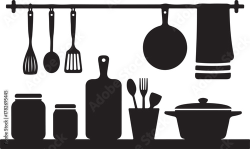 Kitchen Countertop Silhouette Jars Utensils Board Towel Pot Icon Set
