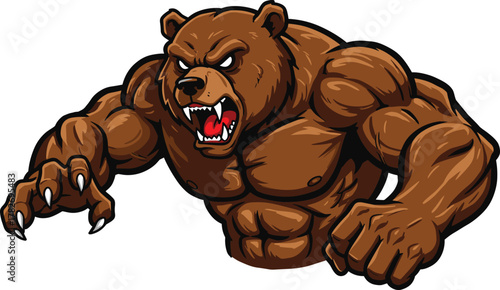 Cartoon muscular bear character illustration, aggressive wild animal mascot design, roaring predator artwork, powerful bodybuilding creature drawing, fierce vector logo art