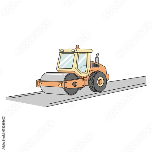 Heavy road roller compacting asphalt during road construction and infrastructure development