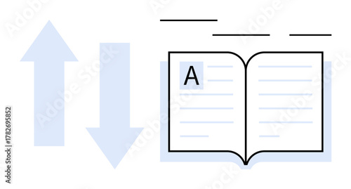 Open book with text and a prominent letter A, accompanied by large arrows pointing up and down. Ideal for education, navigation, learning, knowledge transfer, publishing, reading, creativity in