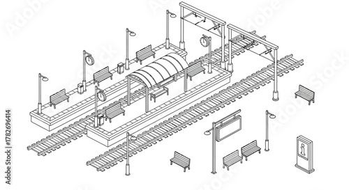 Detailed isometric illustration of a train station platform and railway tracks
