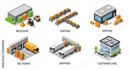 Isometric warehouse logistics illustration showing receiving sorting and shipping processes