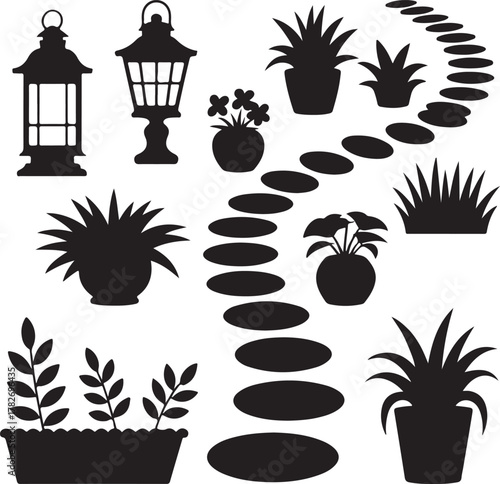 Garden Pathway Decor Silhouette Lanterns Stones Potted Plants Edge Borders Icon Set
