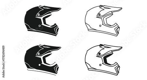 Two pairs of motorcycle helmets displayed in black and white tones