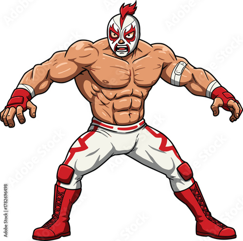 Cartoon muscular wrestler character, red mohawk mask fighter, strong man illustration, lightning pants, dynamic action stance, wrestling hero, combat sports artwork