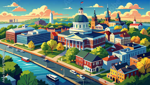 Very beautiful aerial panoramic view of Annapolis, Maryland, USA, featuring the historic Maryland State House, surrounding downtown buildings, tree-lined streets, and the waterfront in a realistic bri