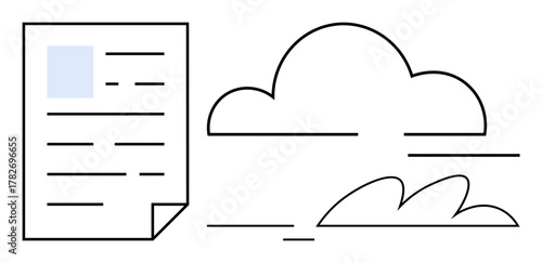 Digital document next to a cloud icon symbolizes online storage and data management. Ideal for technology, cloud computing, file sharing, digital security, remote access, innovation, simple flat