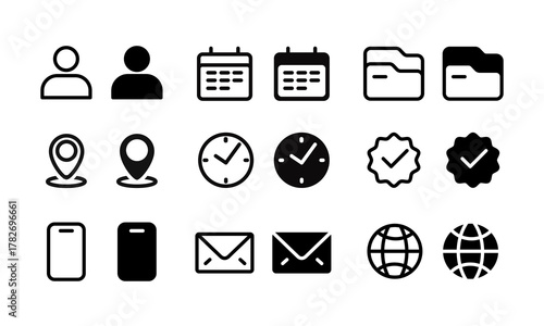 Minimal Contact Info Icon Set. Web Interface symbols for User, Avatar, Home, Location, Phone, Email, Website and Mobile
