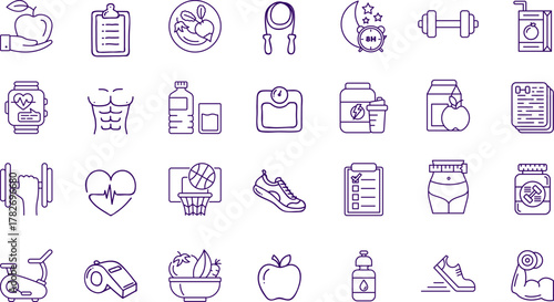  Athletic Performance Glyphs: Indigo Fitness and Sports Icons for Workout Tracking Applications and Nutritional Guidance Interfaces