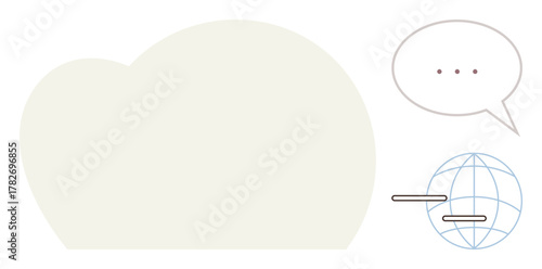 Cloud silhouette, speech bubble with dots, and globe with sharing bars represent online data sharing, global communication, collaboration, data storage, cloud computing, messaging, and technology in