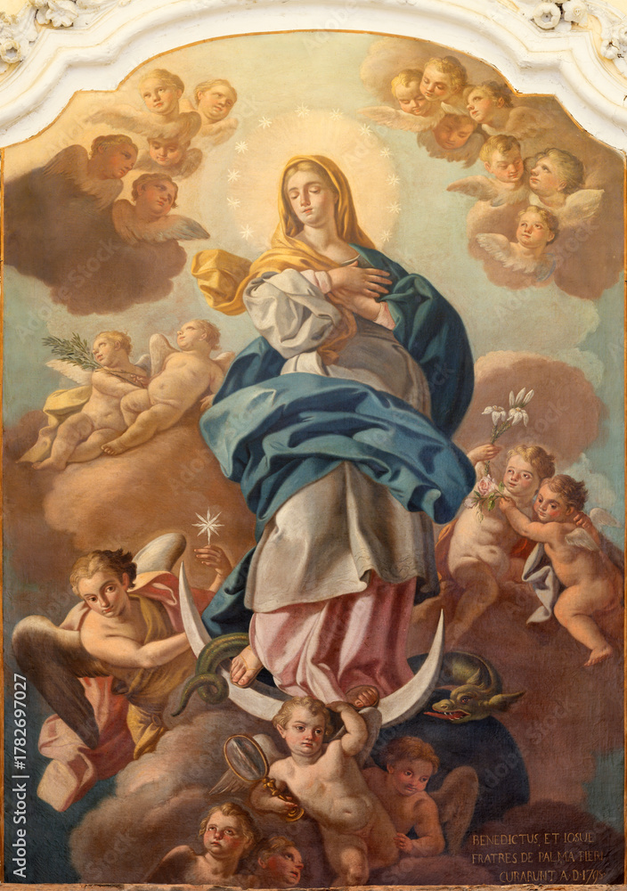 Obraz premium POSITANO, ITALY - OCTOBER 7, 2025: The painting of Immaculate Conception in the Cathedral Santa Maria Assunta by unknown artist from year 1795