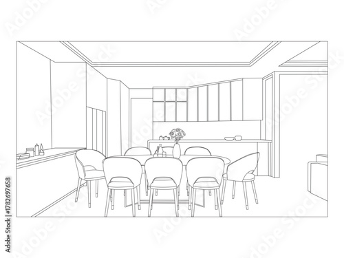 Minimal black and white line art of a modern dining table with chairs and a flower vase.
Perfect for interior design projects, furniture illustrations, home decor concepts, and coloring pages.