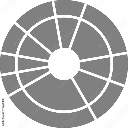 Widely spaced donut sections build a circular chart showing divided data through radial arrangement.