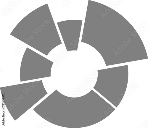 Semi-donut composition divides business data within an incomplete circular structure showing radial proportion.