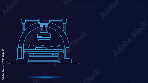 Radiology Technology Vector Illustration Mri Scanner With Patient Medical Imaging Equipment Diagnostic Tool And Healthcare Technology In Neon Blue Line Art Style