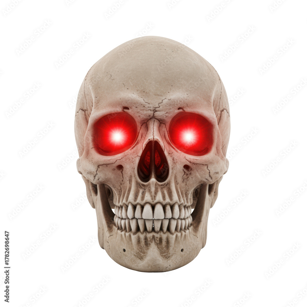 Fototapeta premium A Grimacing Skull with Glowing Red Eyes Amidst an Intense Void, A Macabre Spectacle