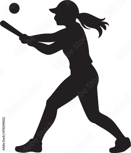 female baseball softball player with bat ball and cap silhouette vector.