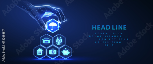 Complex insurance plan. Hexagons with icons made pyramid and hand holding the top element. Virtual AI assistant, Insurance plane, Artificial agent, digital technology, AI integrate, futuristic service