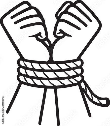 hands tied to a rope on white background
