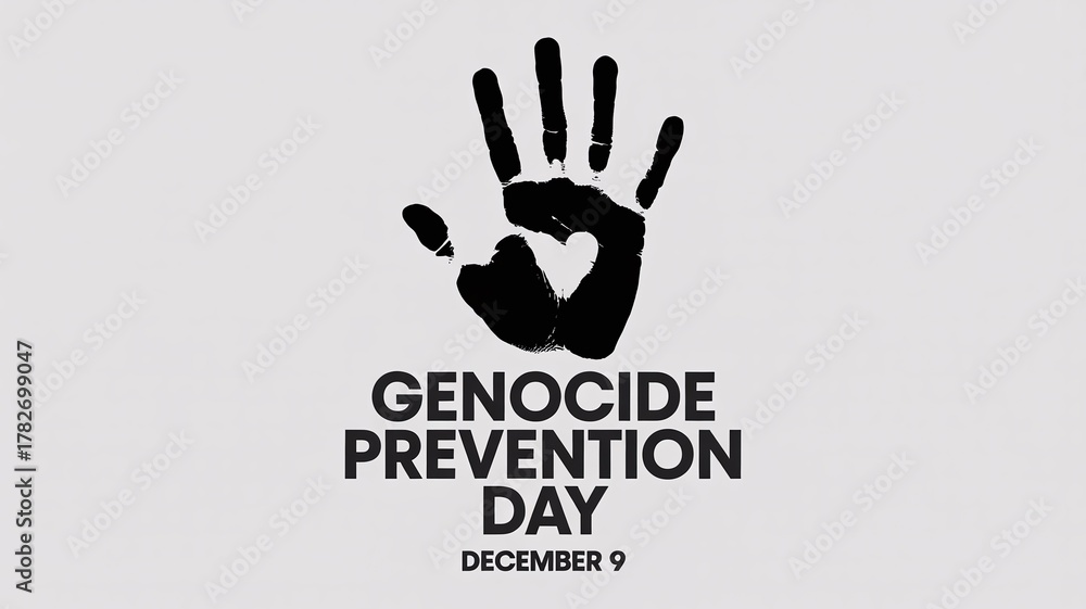 Fototapeta premium Genocide Prevention Day December 9 Awareness Campaign Graphic with Large Black Handprint Symbolizing Stop and Remembrance