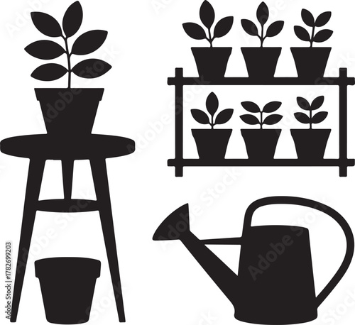 Greenhouse Decor Silhouette Mini Table Plant Rack Pot Watering Can Icon Set