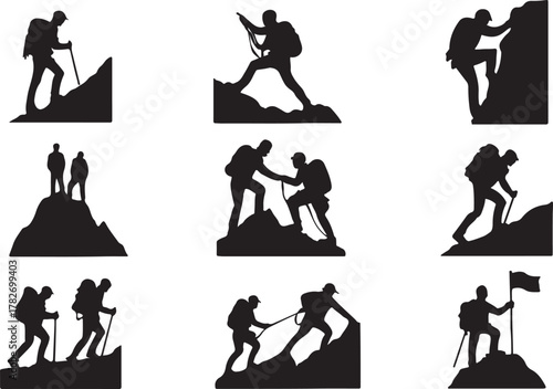  Mountaineering vector silhouettes of hikers climbing mountains, trekking with backpacks