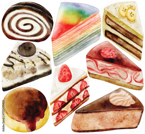 Watercolor Dessert Clip Art Set Bakery Sweet Food Swiss Roll Rainbow Crepe Cake Banana Cake Strawberry Shortcake Tiramisu Cheesecake Illustration Cafe Menu Pastry Slice