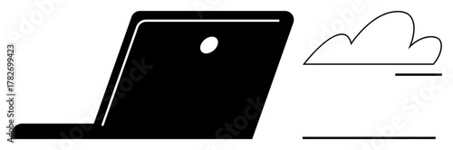 Black laptop silhouette paired with a simple cloud icon suggesting technology, remote work, cloud storage, and digital solutions. Ideal for innovation, communication, networking, efficiency, modern