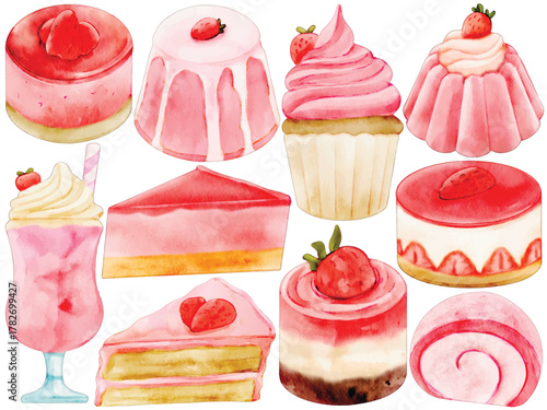 Watercolor Strawberry Dessert Clip Art Set Sweet Food Bakery Cupcake Jelly Pudding Milkshake Cheesecake Layer Cake Swiss Roll Tiramisu Mousse Cake Illustration Cafe Menu