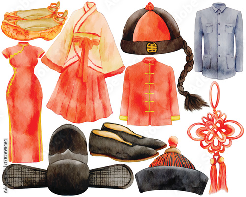 Watercolor Chinese Clothing Clip Art Set Traditional Costume Culture Cheongsam Qipao Hanfu Tang Suit Mao Suit Hat Shoes Lucky Knot Illustration Fashion Boy Girl Asia Dress