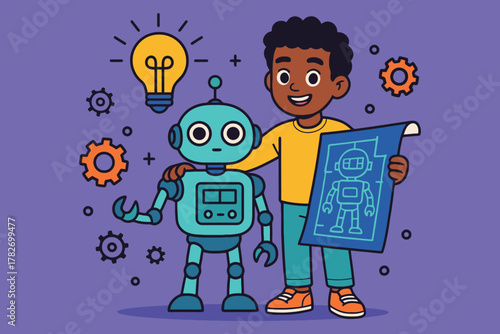 Young boy proudly stands with his newly built robot and blueprint invention idea