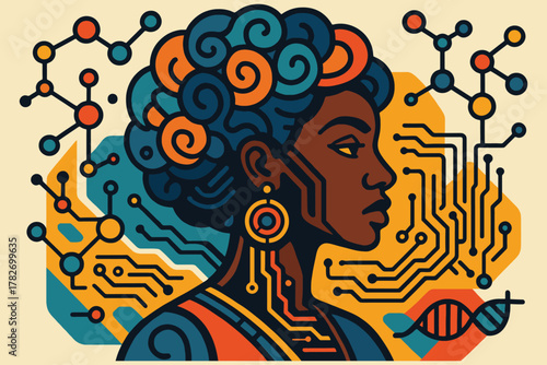 Portrait of a black woman with abstract scientific and technological elements representing innovation and knowledge