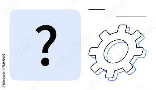 Large question mark beside gearwheel conveys problem-solving, innovation, and operational dynamics. Ideal for concepts thumbs up ideas, technology, engineering, creativity, decision-making, process