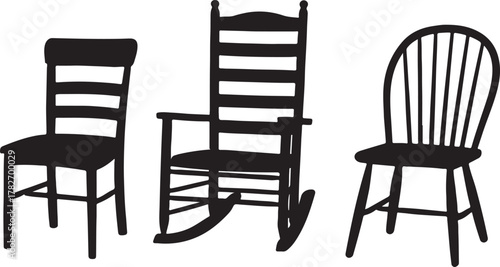  wooden chairs featuring a dining chair, a wood rocking chair with a woven seat, and a rustic spindle-back chair silhouette vector